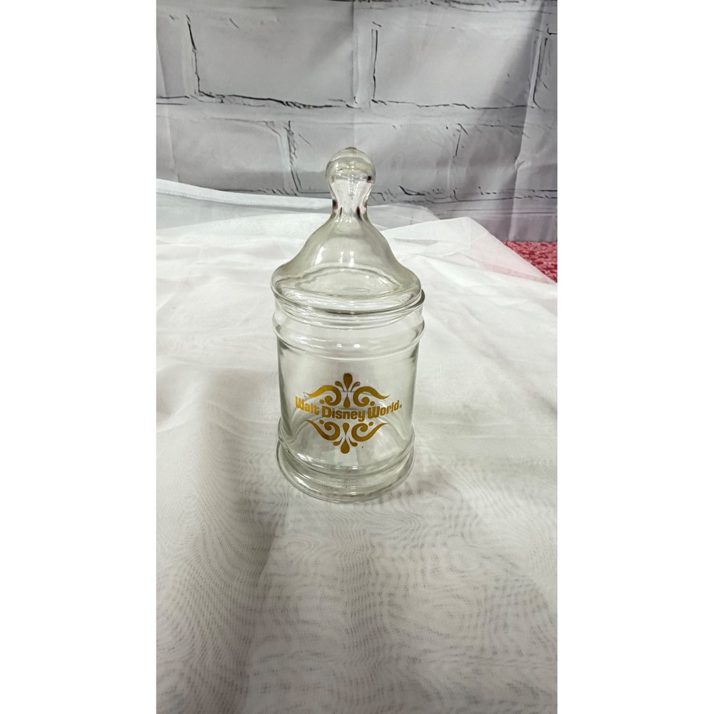 Vintage Walt Disney World Clear Glass Apothecary Jar Gold Logo Lidded Canister